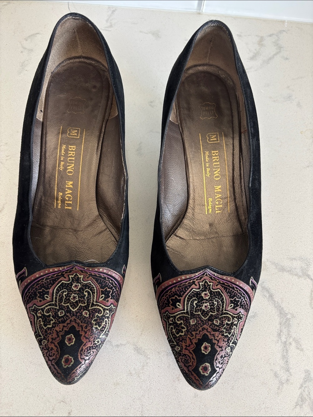 Vintage Bruno Magli Black Suede Pointed Flats with Pink Paisley Toe